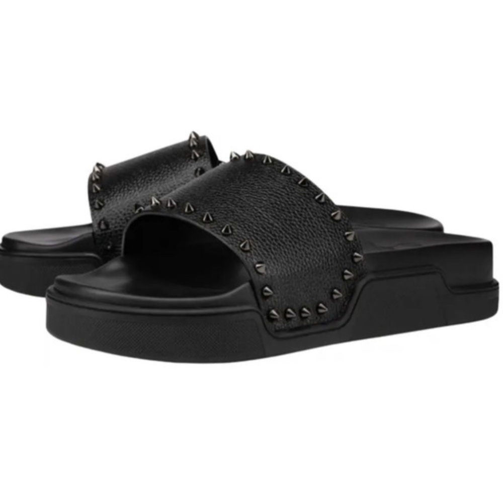 Christian Louboutin Mens Pool Stud Flat Black Leather Slide Sandal 45 -11.5